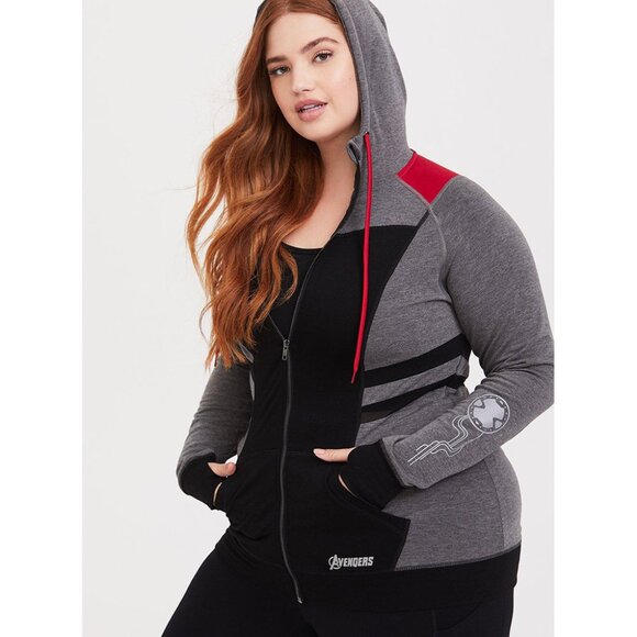 Torrid Her Universe Marvel Avengers Endgame Red & Black Mesh Zip Active Hoodie - Picture 2 of 6